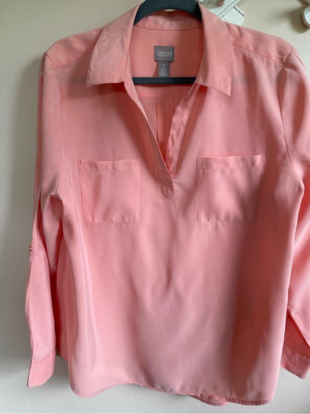 Chico's Coral Pink Split-V Collar Roll-Tab Sleeve Blouse
